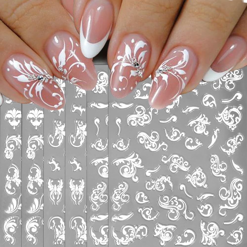 6 Sheets 5D Lace Flower Nail Stickers White Embossed Nail Art Decals DIY