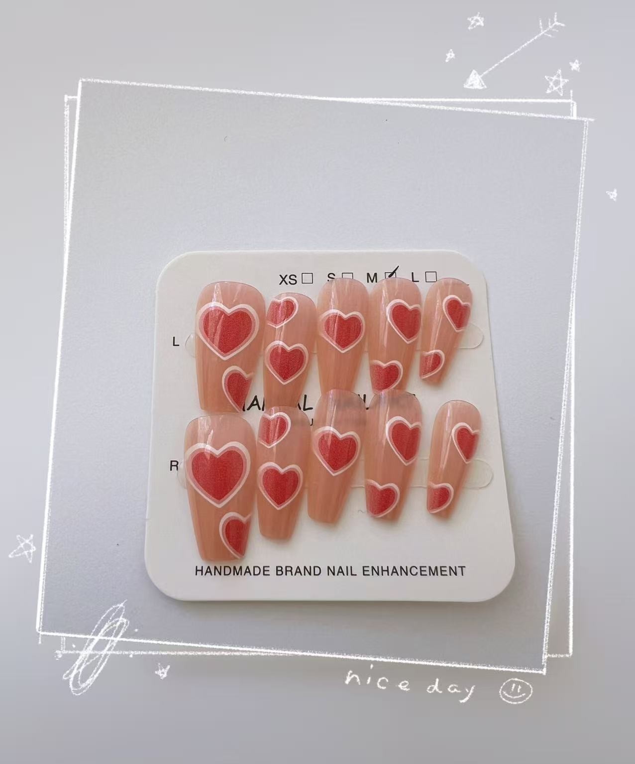 Pink Heart Press On Nails Long Coffin Fake Acrylic Nail Set 10pcs with Glue Kit