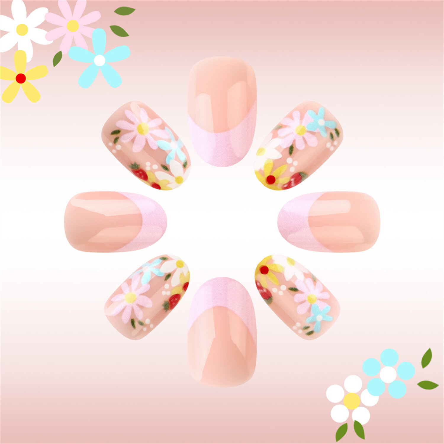 Short Oval Press-On Fake Nail Spring Summer Colorful Flowers Manicure 24pcs