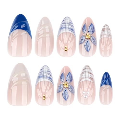 Almond Nails – 24PCS Blue and White Floral – 32 French Blue Flowers
