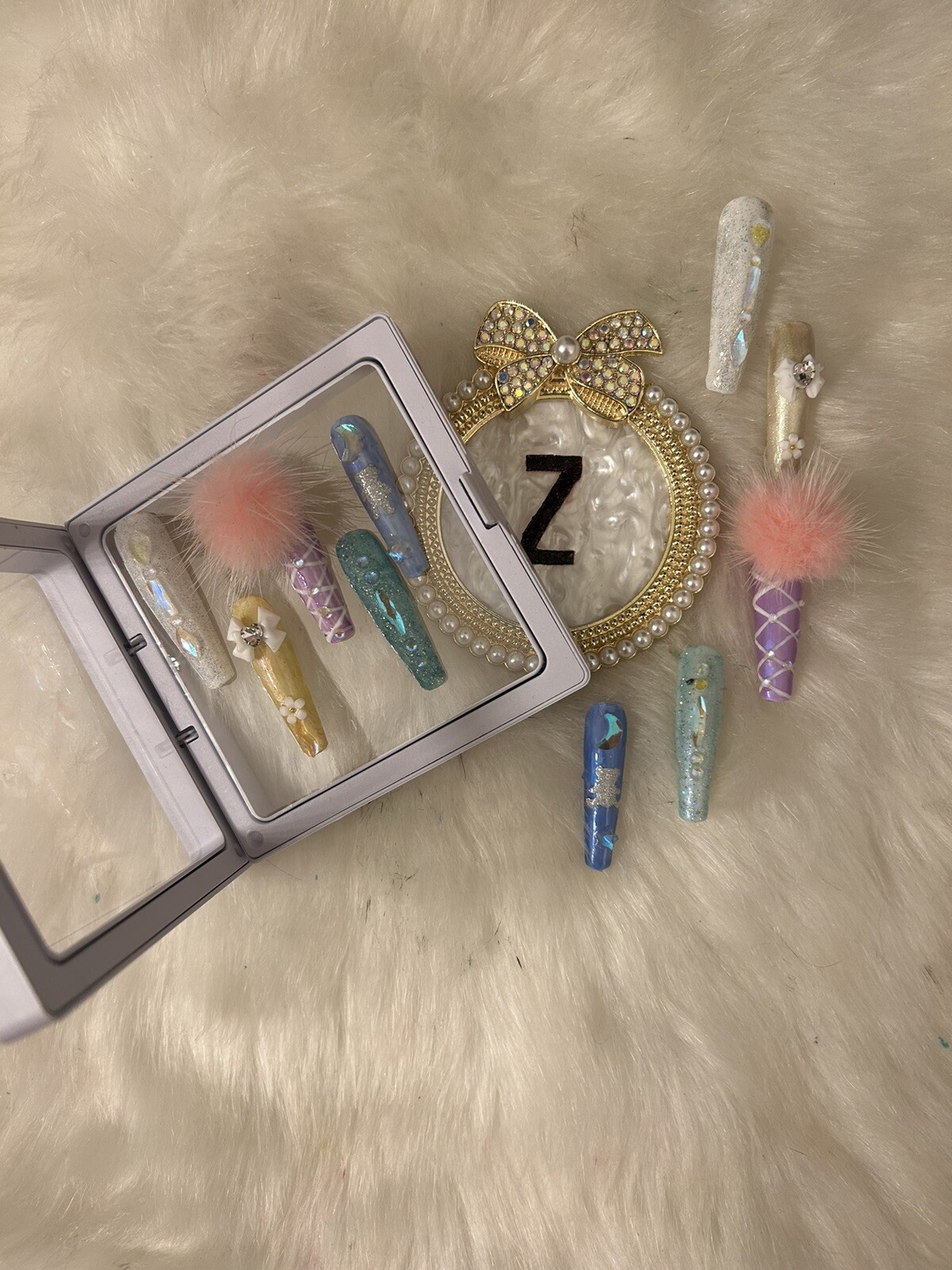 Z NAILZ! Fun Set Of 10 2XL Ballerina Multicolored Pastel W/Bling Press On Nails