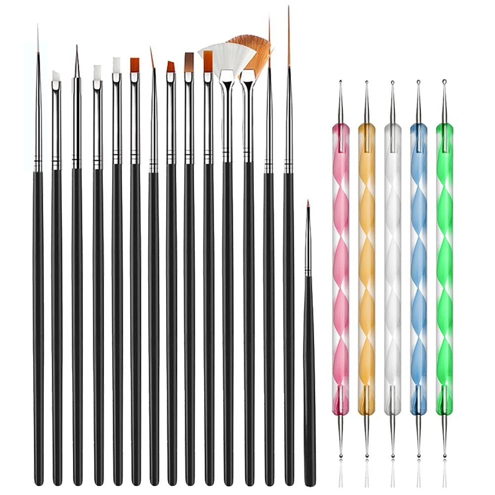 20pc Nail Art Kit: Black Brushes & Multi-Color Dotting Pens for DIY Design Salon