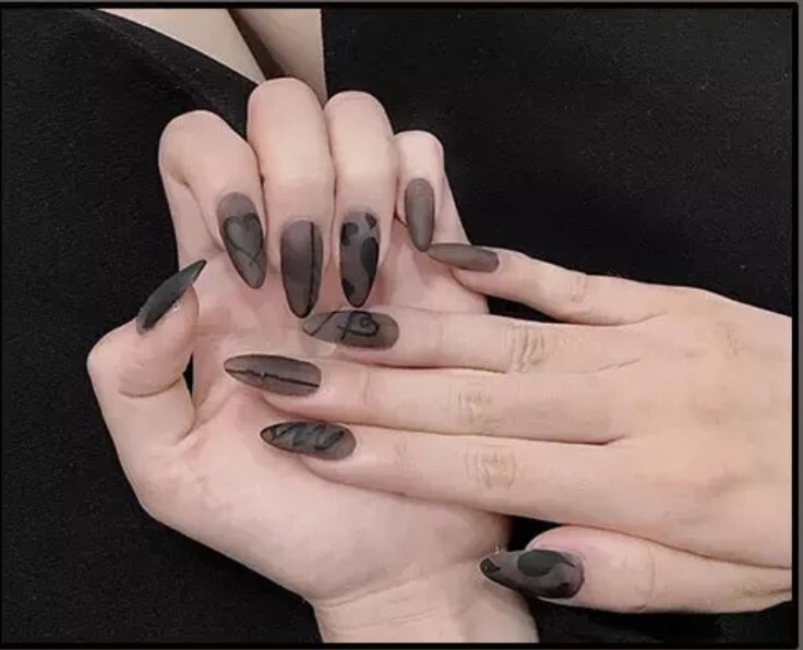 24 Goth Frosted Glass matte Black Press On nails medium almond stiletto pointed