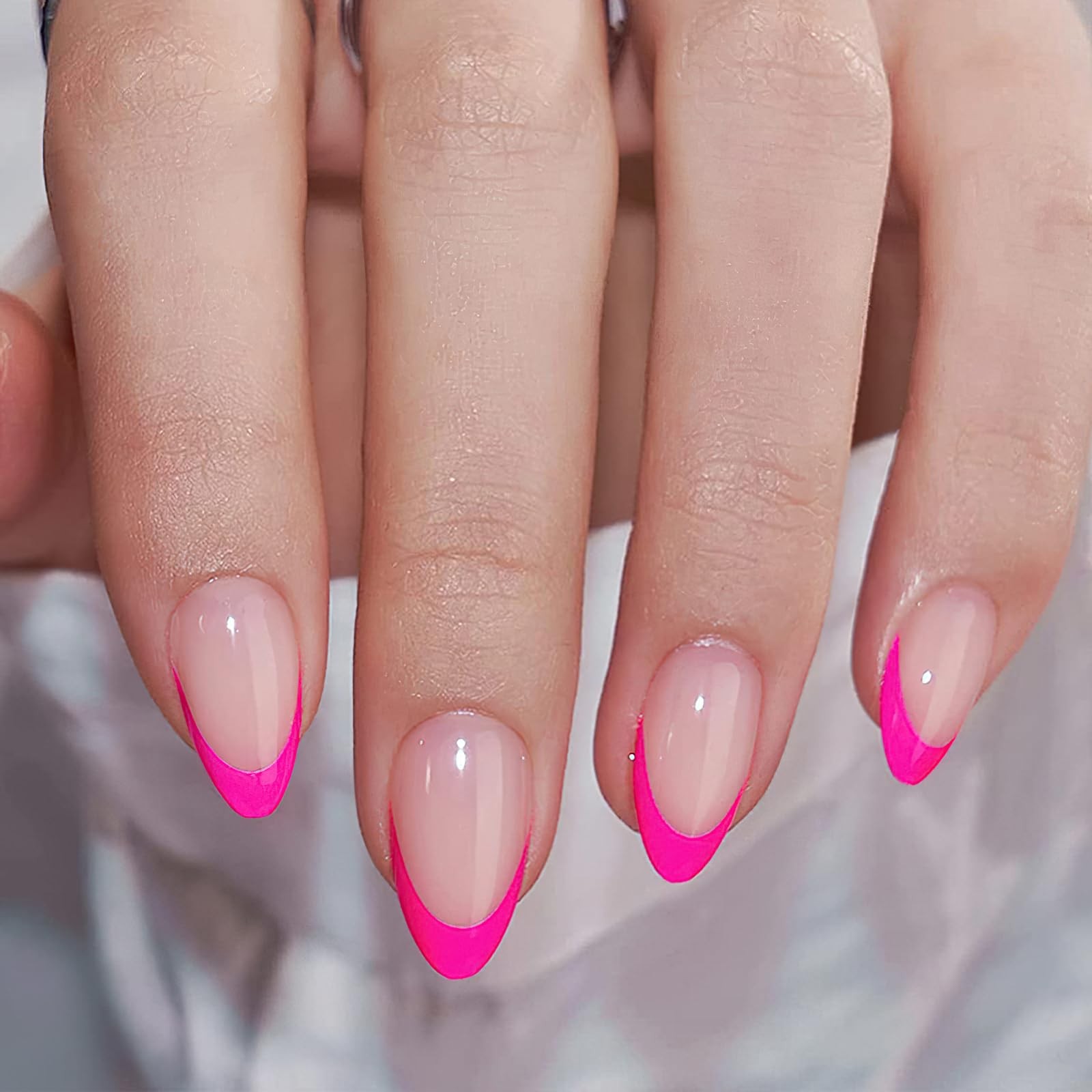 Hot Pink French Tip Press on Nails Short Almond Fake Nails Nude Pink Glossy A…