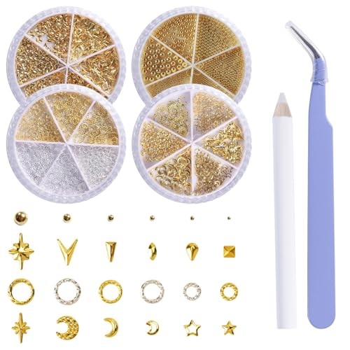 4 Boxes 3d Gold Nail Charms – Star, Moon, Ring, Multiple Shape Gem Metal