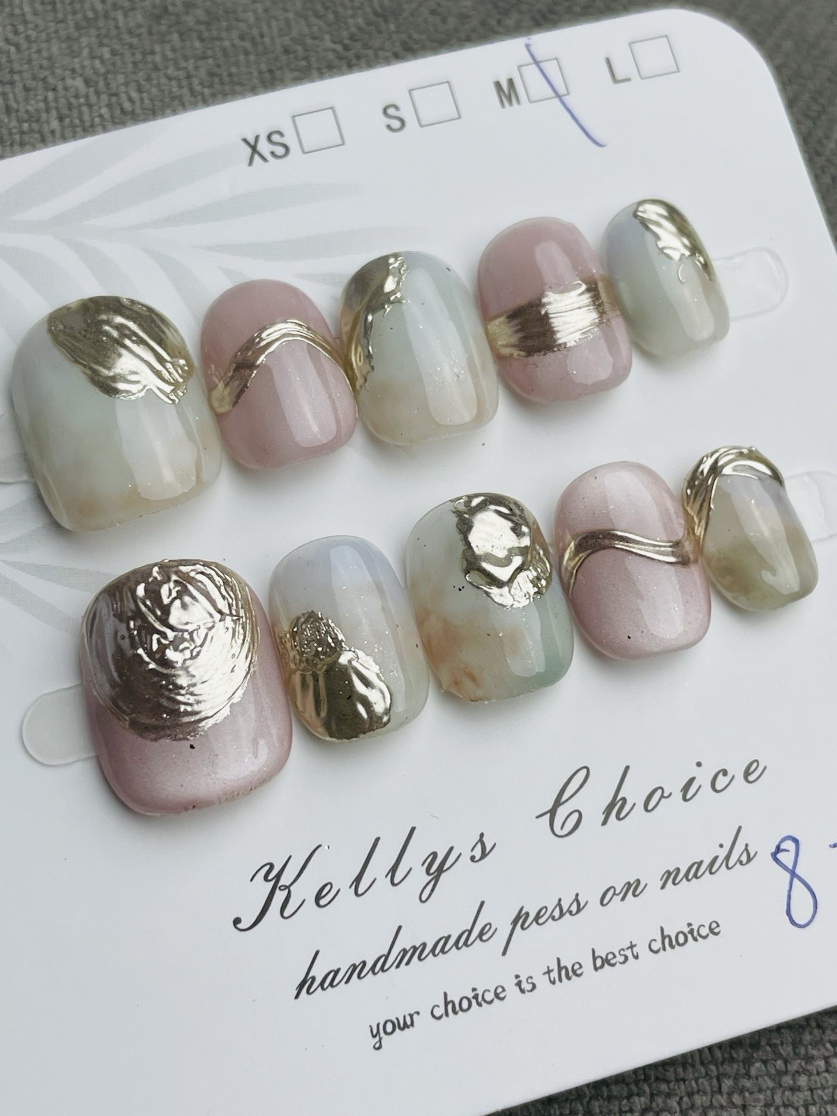 Premium Press On Nails Size MEDIUM, Super Short Length Oval Pink Gold Catseye