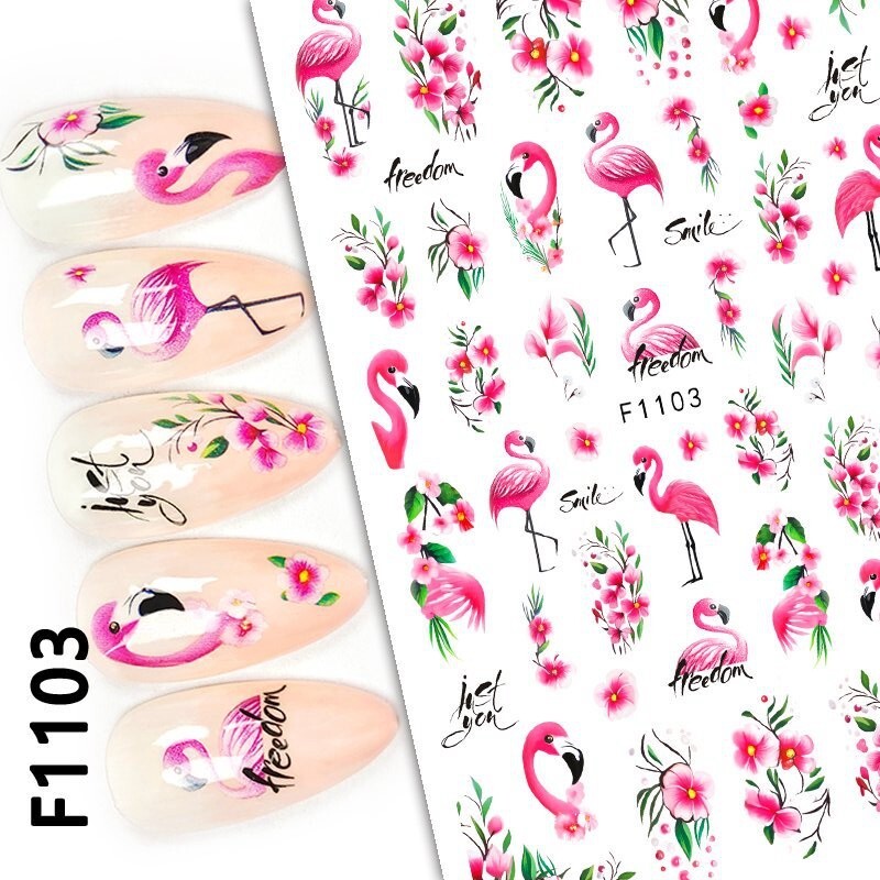 Flamingo Pink Primrose Flower Branch Love Nail Sticker Oenothera Flowers leaf