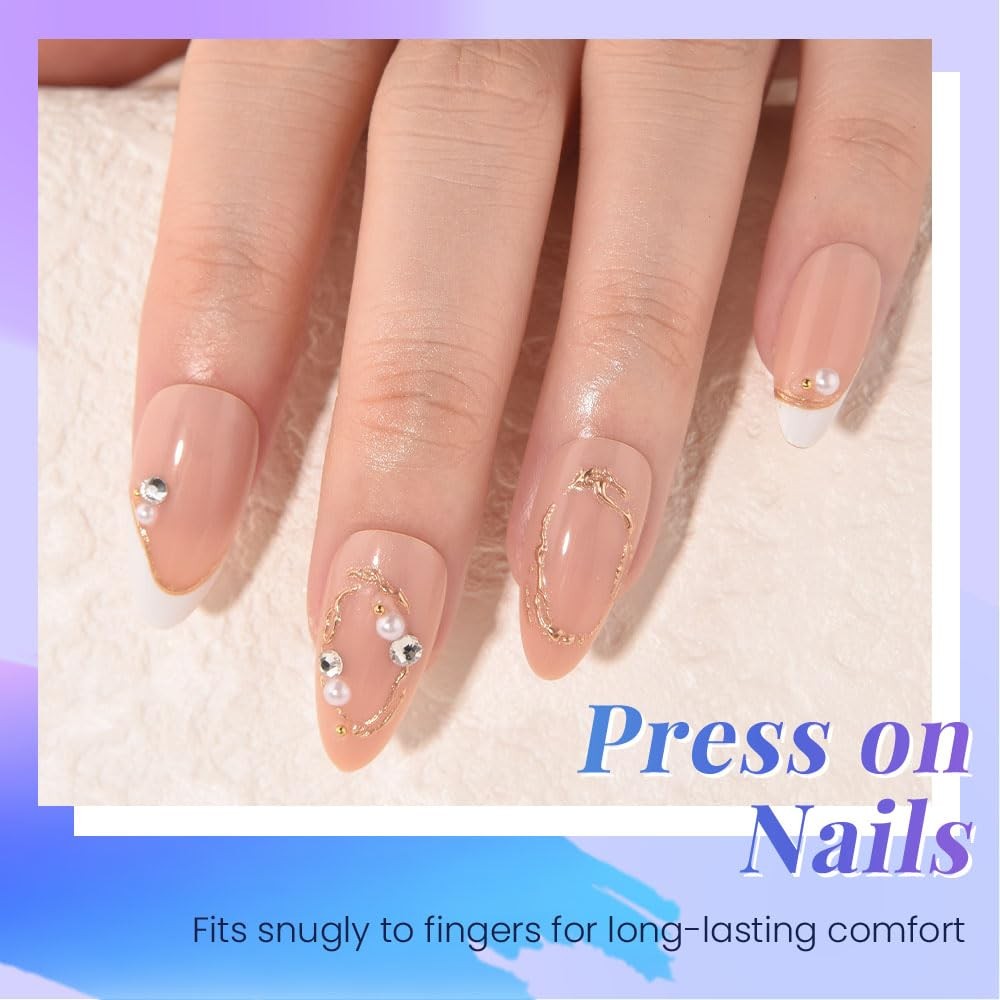 evpct Short Almond Nude White French Tip Gold Line