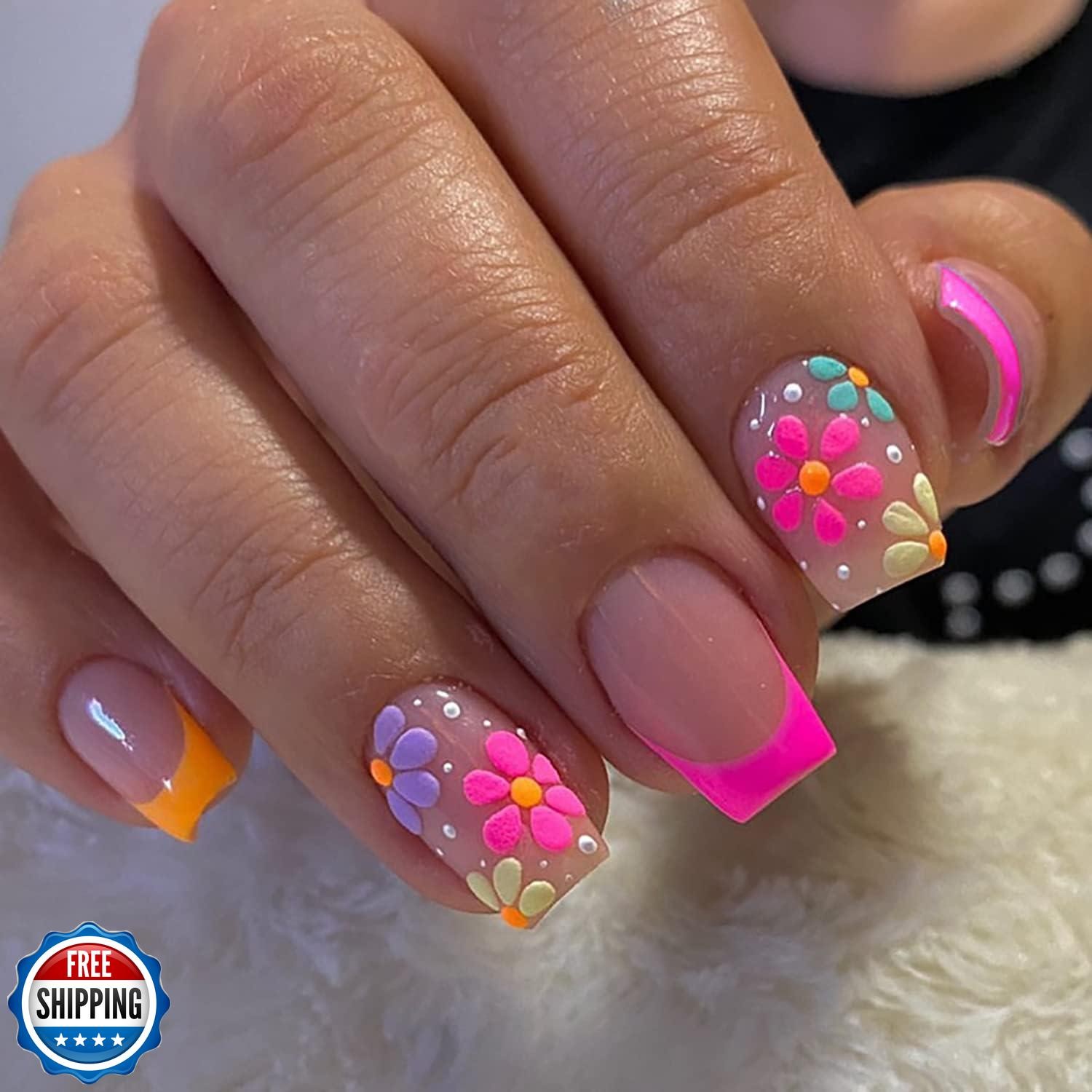 Semi Cured Gel Nail Strips French Tip Nail Stickers with Flower Designs Cute
