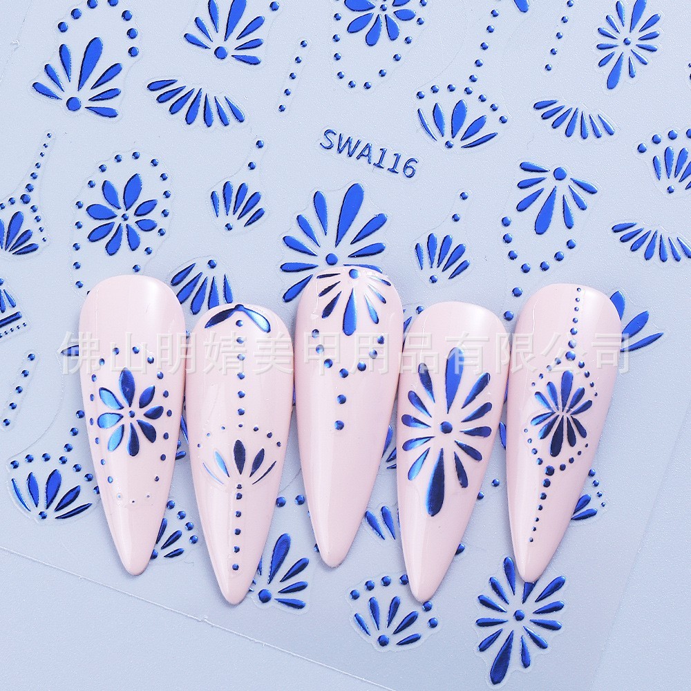 3 Sheets Bohemian Style Nail Stickers Gold Silver Blue Flower Petals Line NH28