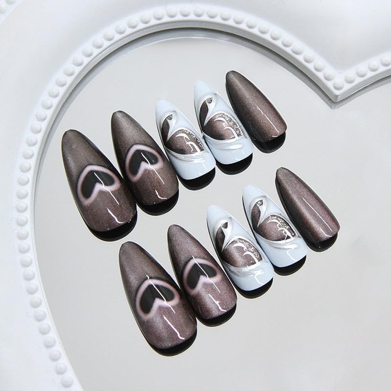 24pcs Heart Bling Press-On Nails Medium Almond Acrylic False Nails with 3D-4