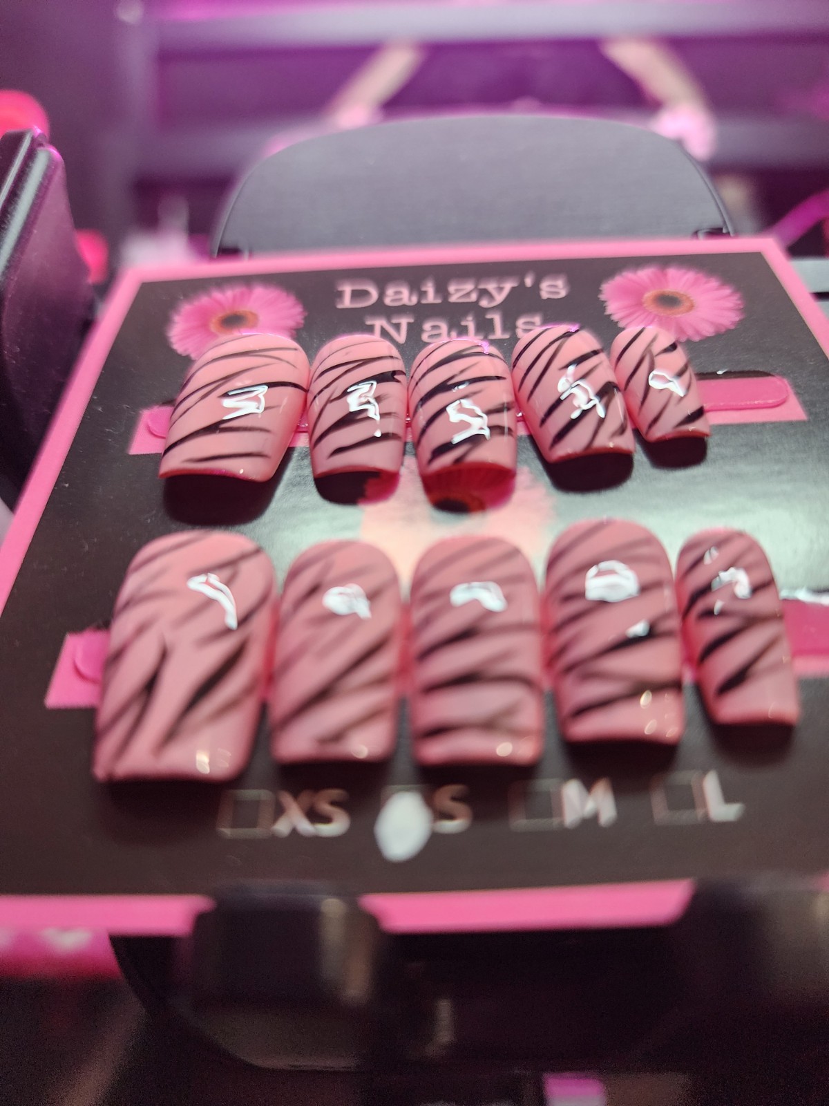 Small Size Black Pink Zebra Press-on Nail Set Handmade Squoval 2.0 Cm Length