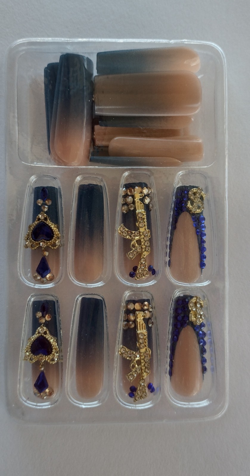 Royal Blue Bling Long Press On Nail Set with Glue Full Cover