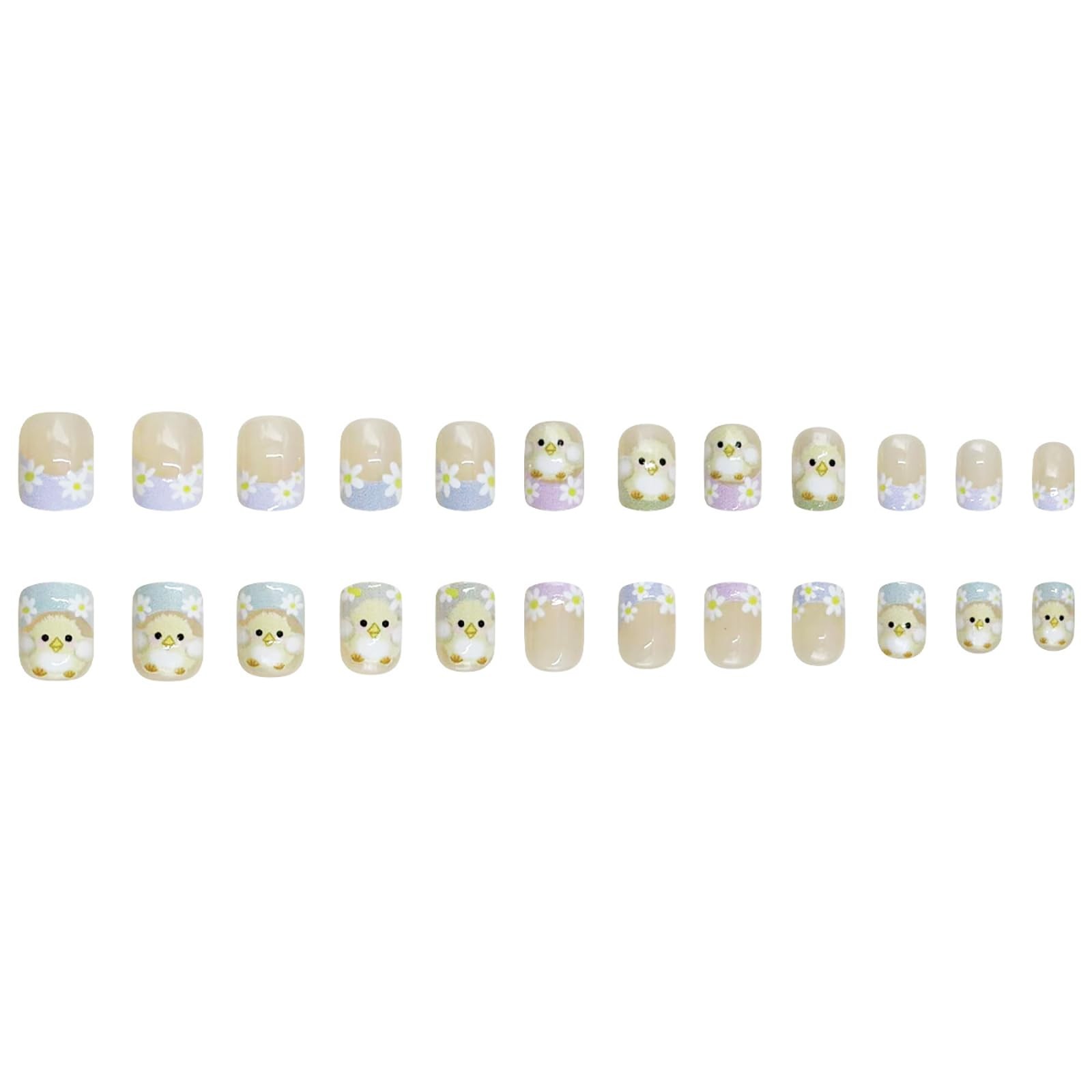 24Pcs Easter Press on Nails Short Fake Nails with Chick Flower Pattern Design…