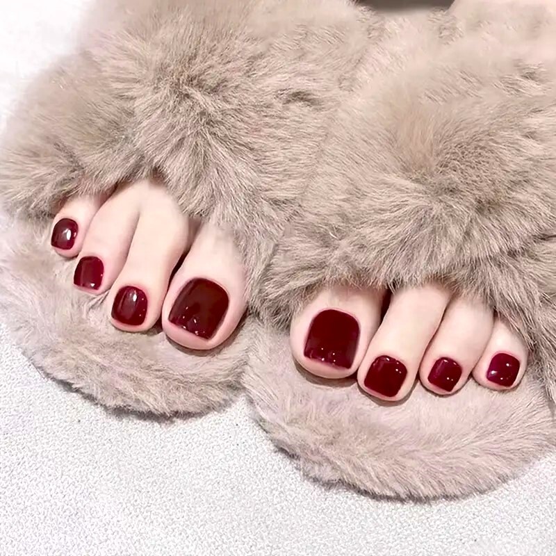 24 Fake Nails Deep Red Press On Toenails Short Style Kit Glossy Vacation Glam