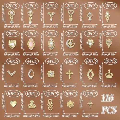 116PCS Nail Charms Luxury Nail Art Jewelry Dangle Heart Nail Gems Pearls Gold