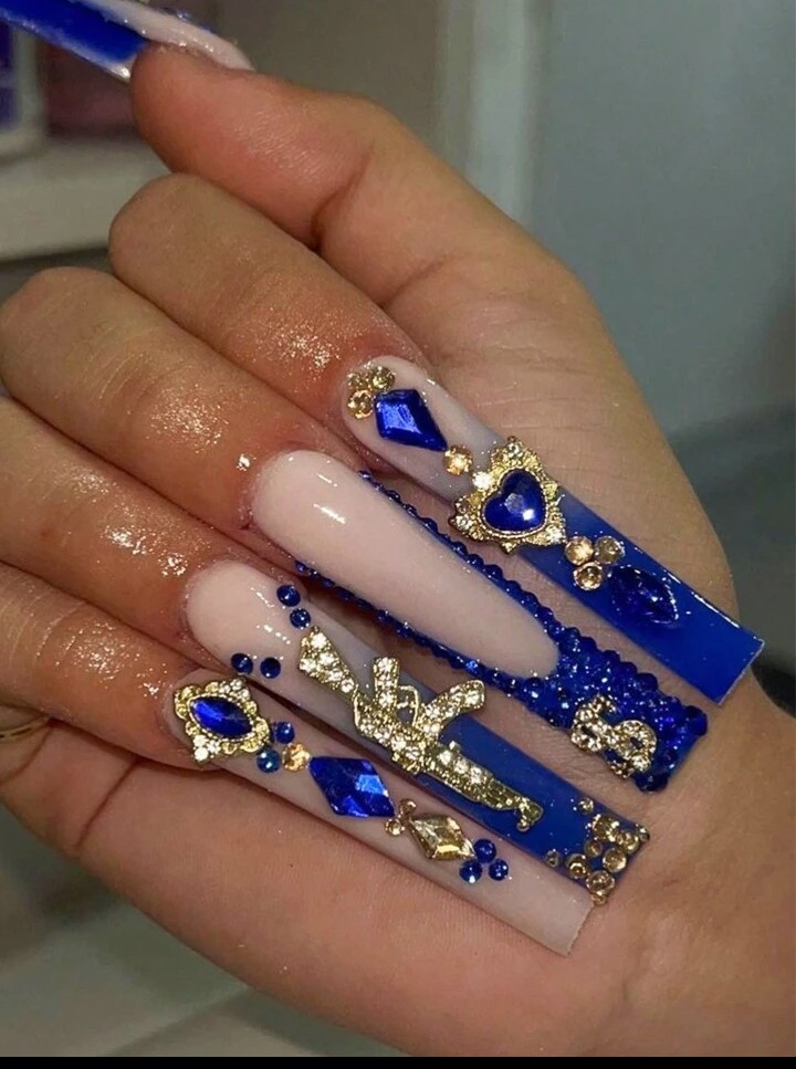 Royal Blue Bling Long Press On Nail Set with Glue Full Cover
