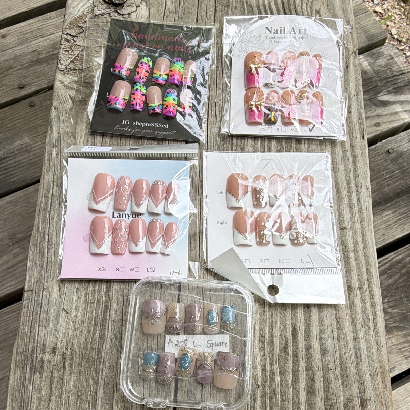 Press-On Nails Pink Nude White Glitter 3D Floral Long Square lot of 7 Large
