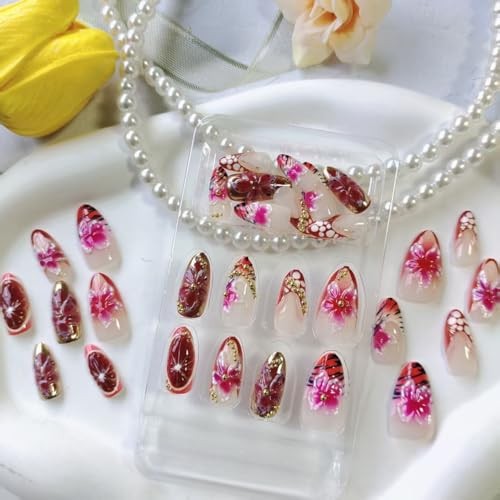 Almond Press on Nails – Medium 3D French Fake Nails – Gold Curve Line
