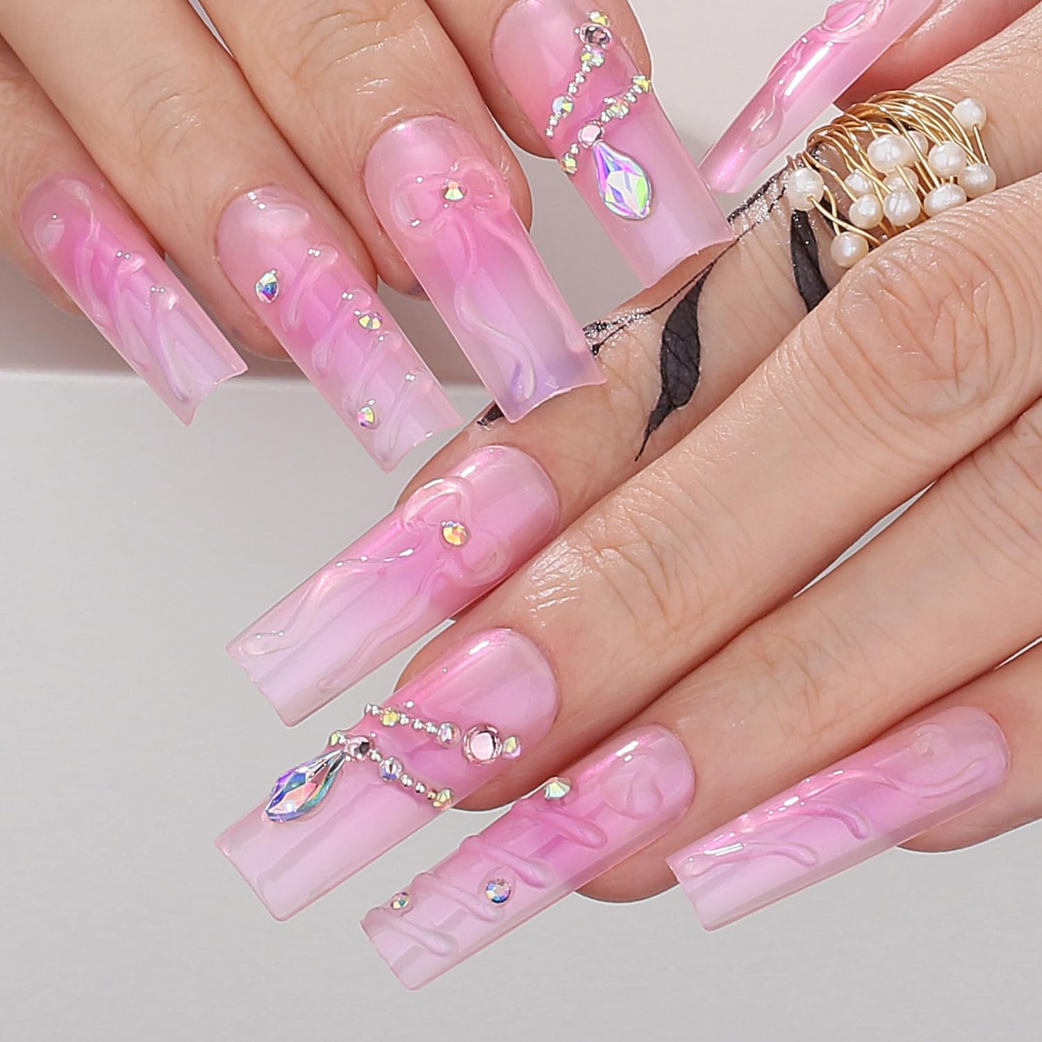Pink Blush Floral Press On Nails Long Square Fake Nails 3d Gel Elegent Bow Ri…
