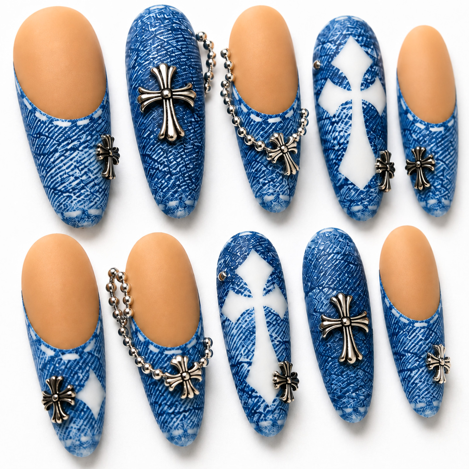 Handmade Blue Denim Gothic Cross Press On Nails Long Almond Y2K