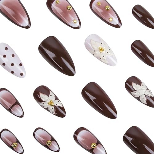 Luxury Brown Cream Press On Nails Medium Almond, Polka Dot and Gold Beads Fake