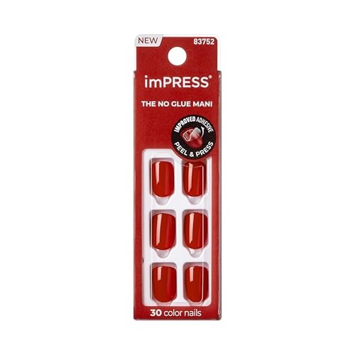 Kiss No Glue Mani Press On Nails Kit, 30 Red Peel 33 Piece Set Reddy or Not