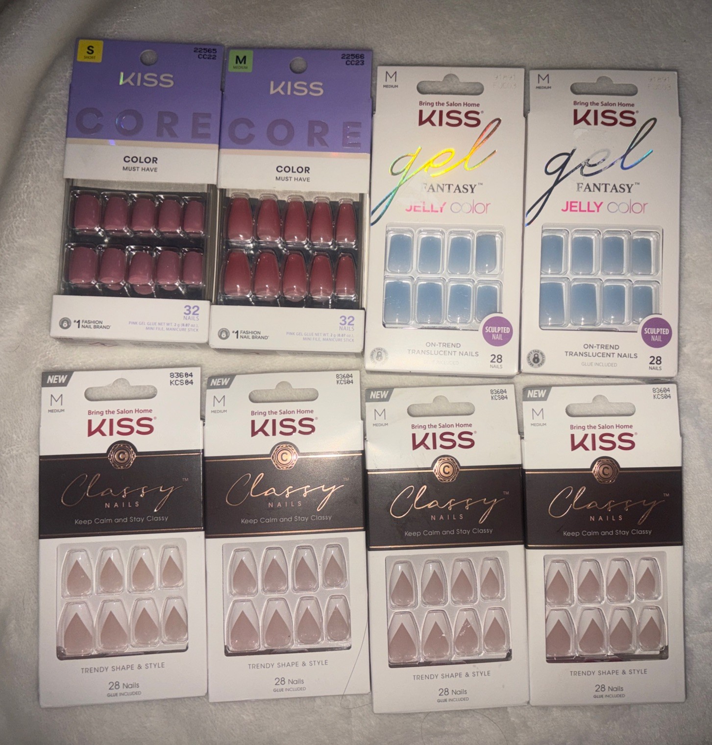 Lot Of 8 Packs KISS Gel Fantasy, Classy, Core Color 1 Small 7 Medium New