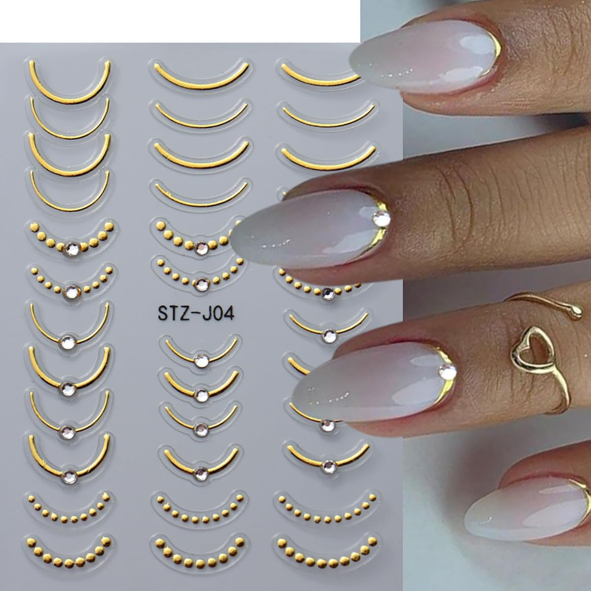 4 Sheets French Tip Nail Stickers 3D Self-Adhesive Gold Sliver Lines Nail Art