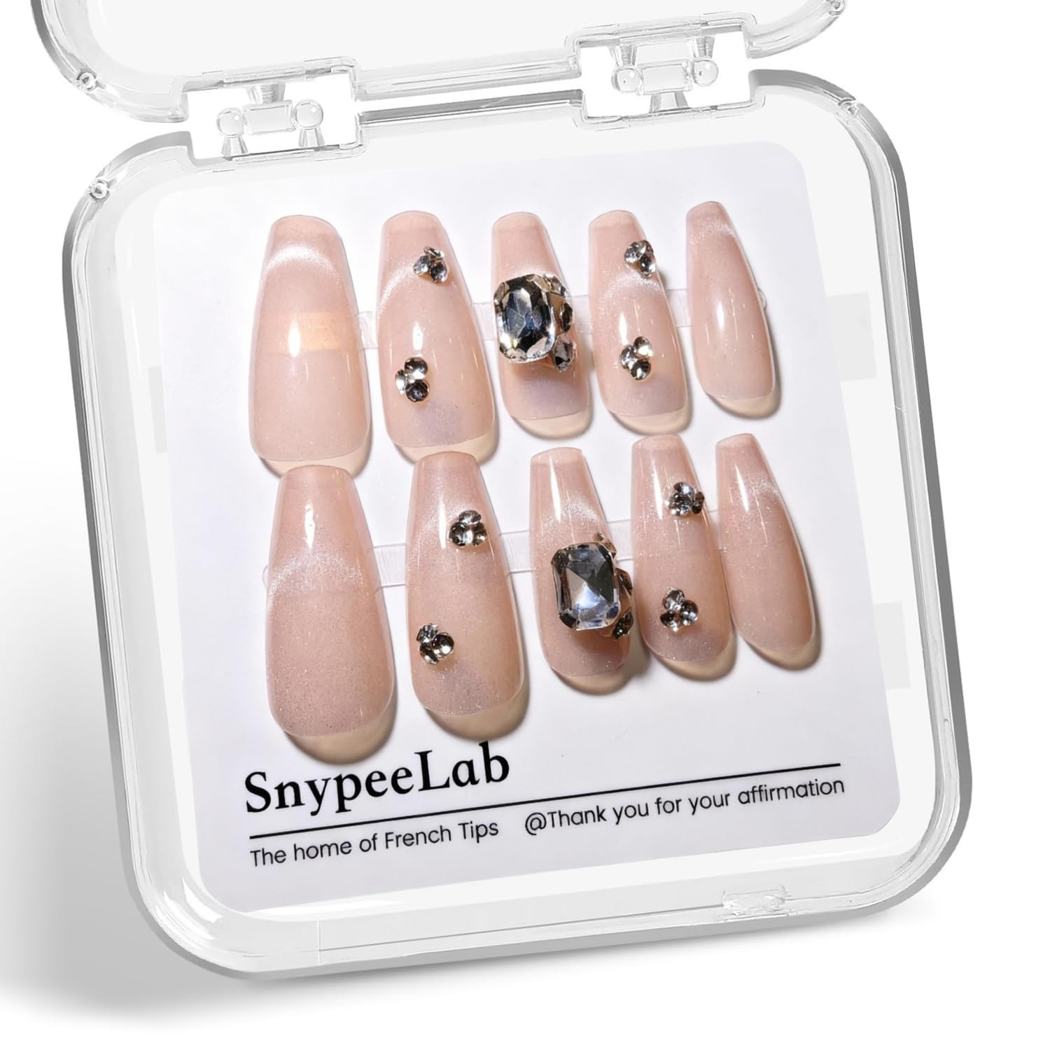 Handmade Ballerina Cateye French Tip Press on Nails with 3D Diamond Popular Char