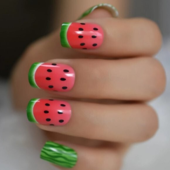 24 Short Watermelon Press On Nails kit glue on pink green seeds cute funny