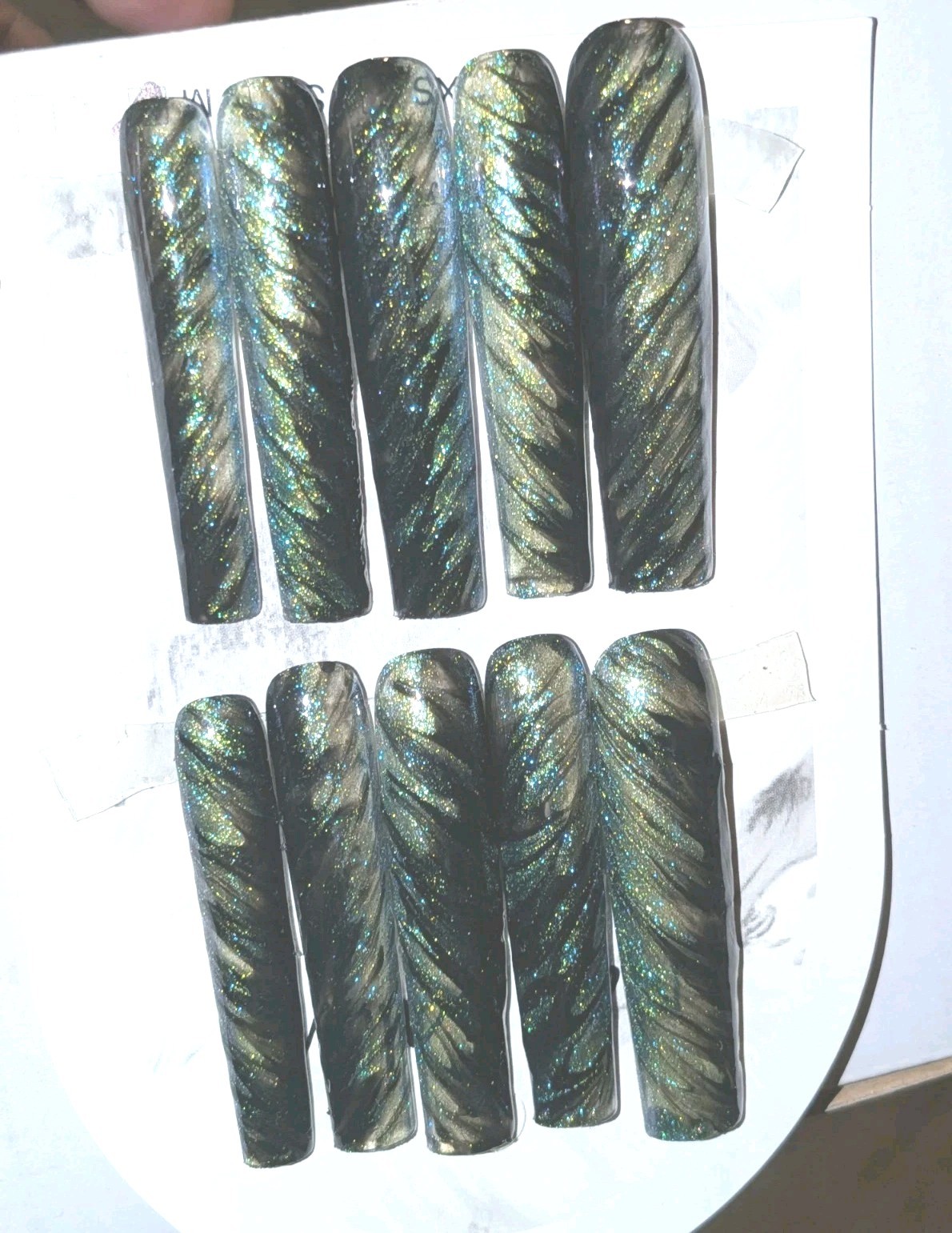 Hand crafted Black/Green custom cateye 10pc 3xl acrylic press on nails sz Medium