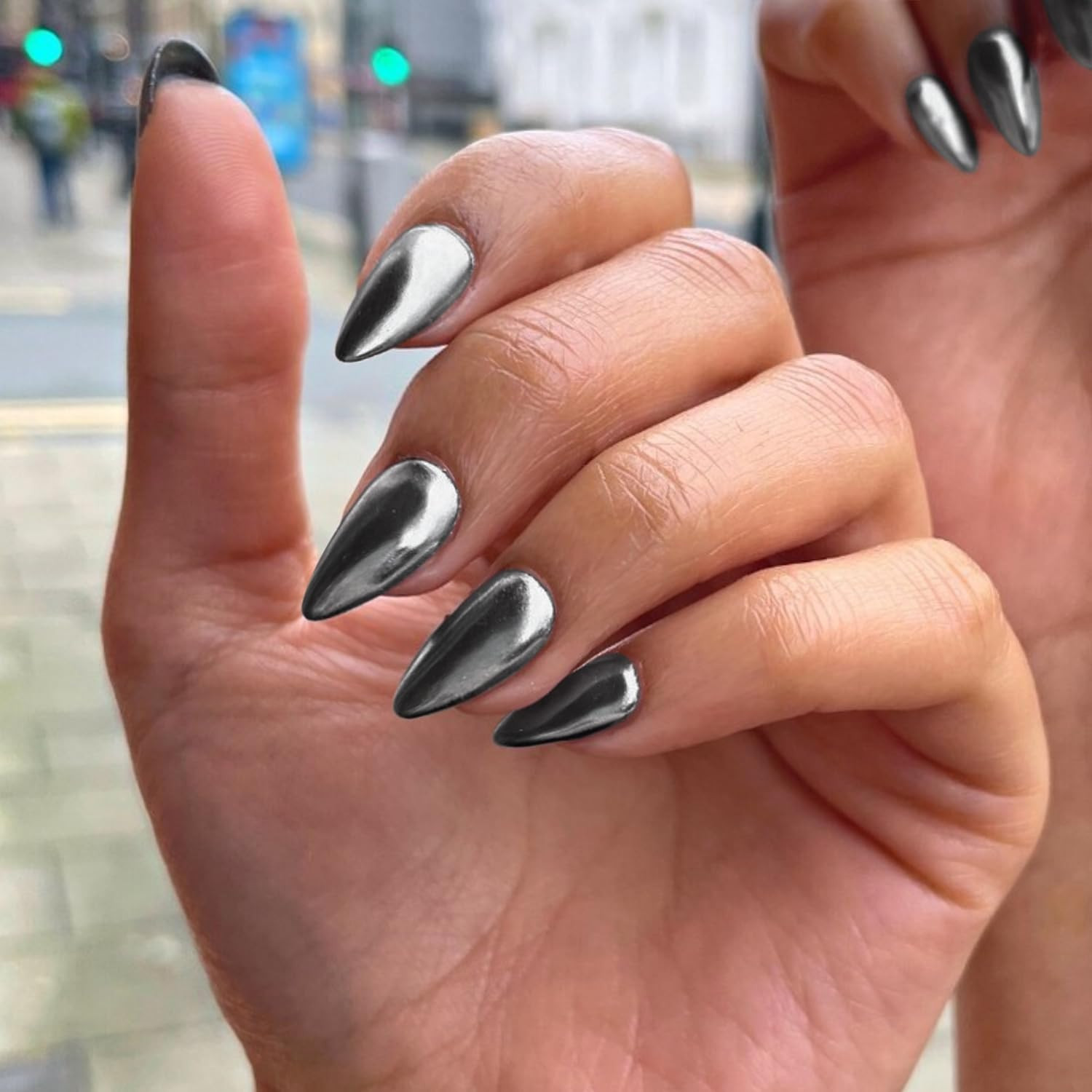 Black Chrome Press on Nails Medium Almond Nails Press ons Metallic Nails Glue on