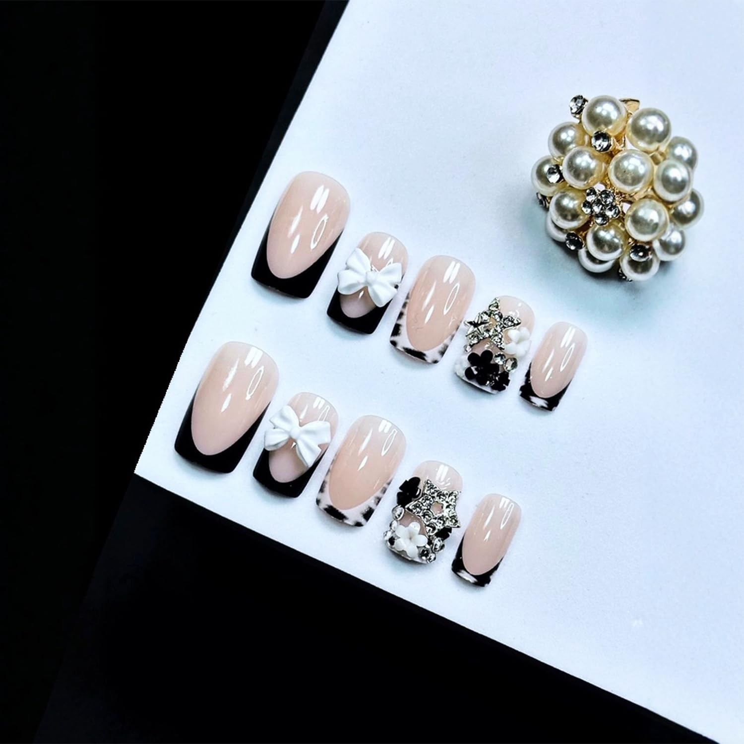 24pcs Black French Tip Press on Nails Short Square Bow Fake Nails with 3D Bla…