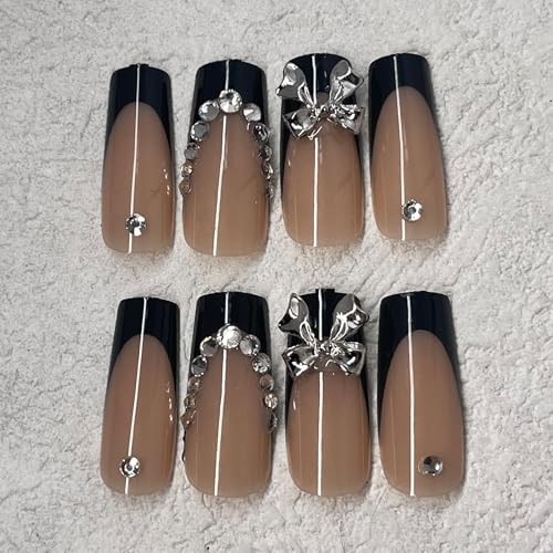 Black French Tip Press on Nails Medium Square Fake Nails with Silver Bow