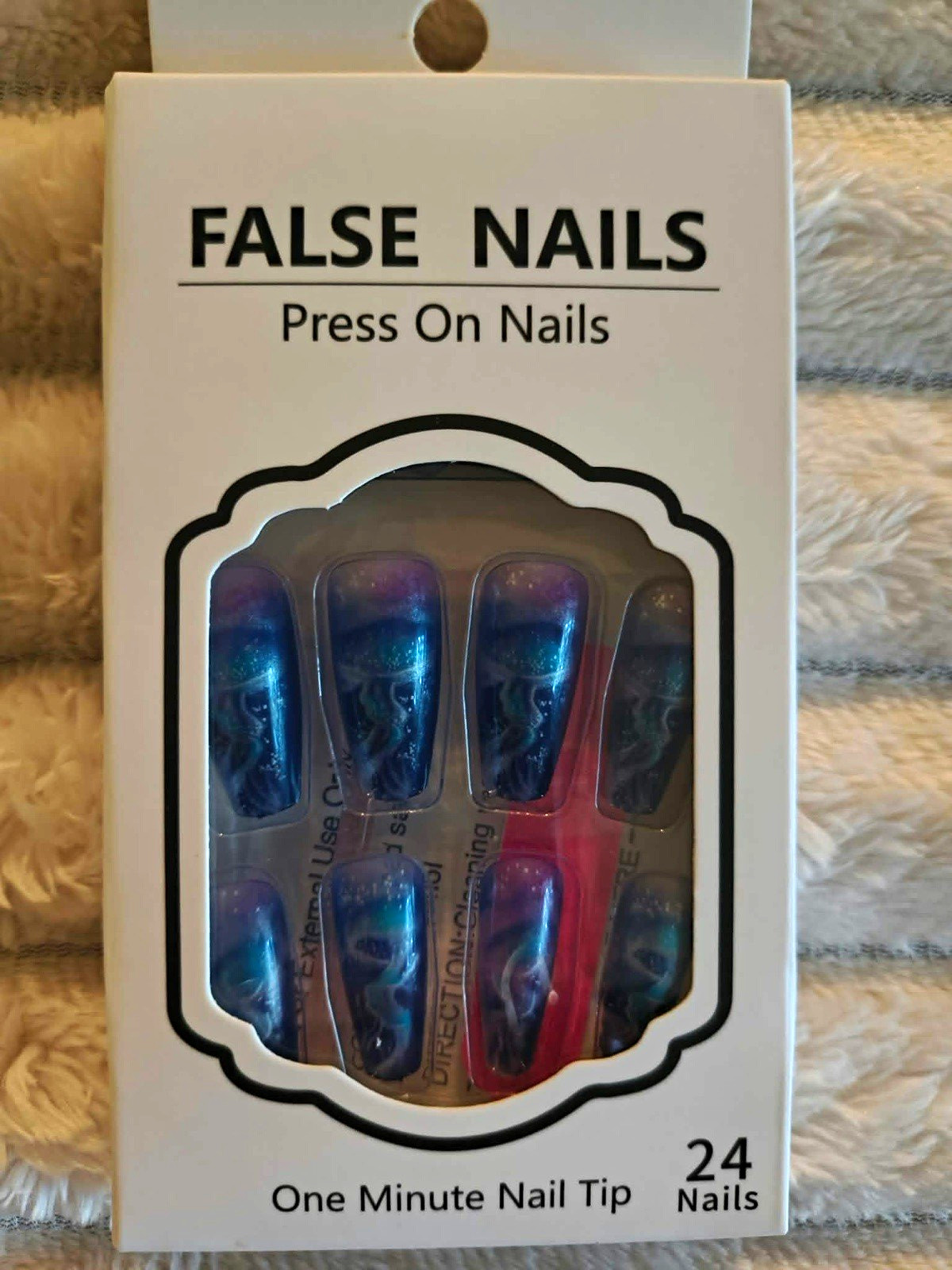 Press-On Nails 24pc Blue Purple Ombre Shiny Long Coffin Pre-Designed Set