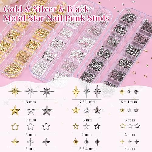 6 Boxes Gold Silver Star Nail Charms, 3D Metal Cross Nail Art Studs Gold