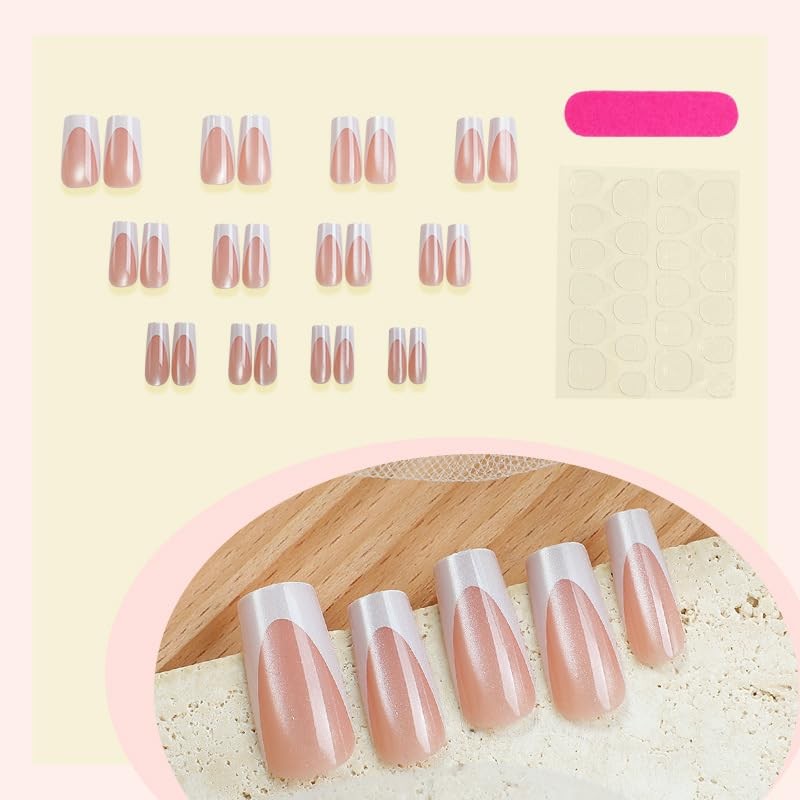 French Tip Press on Nails Medium Square Fake Nails Chrome Cat Eye False Nails…