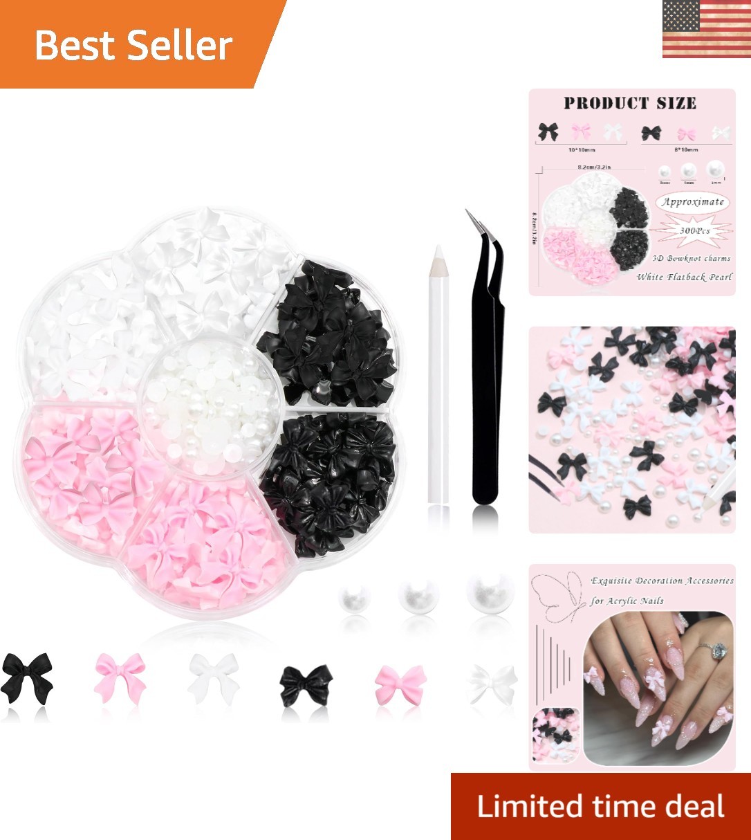 Versatile 300 Pcs Bow Nail Charms Set with Flatback Pearls – Perfect for Crafts