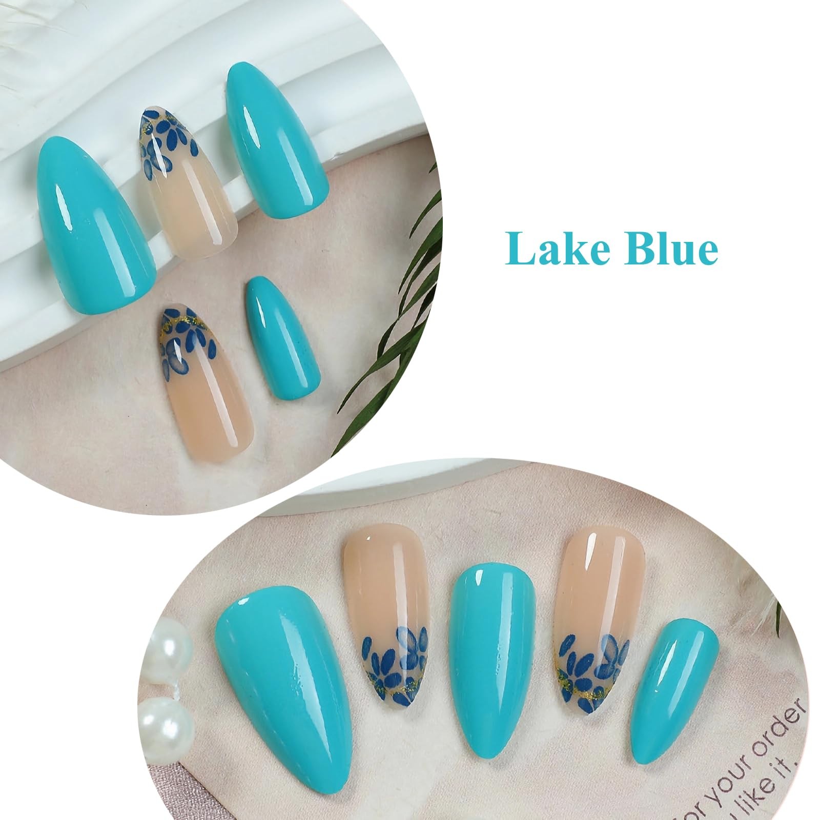Almond Press on Nails Medium Fake Nail Lake Blue Glue ons Leaf Flower French …