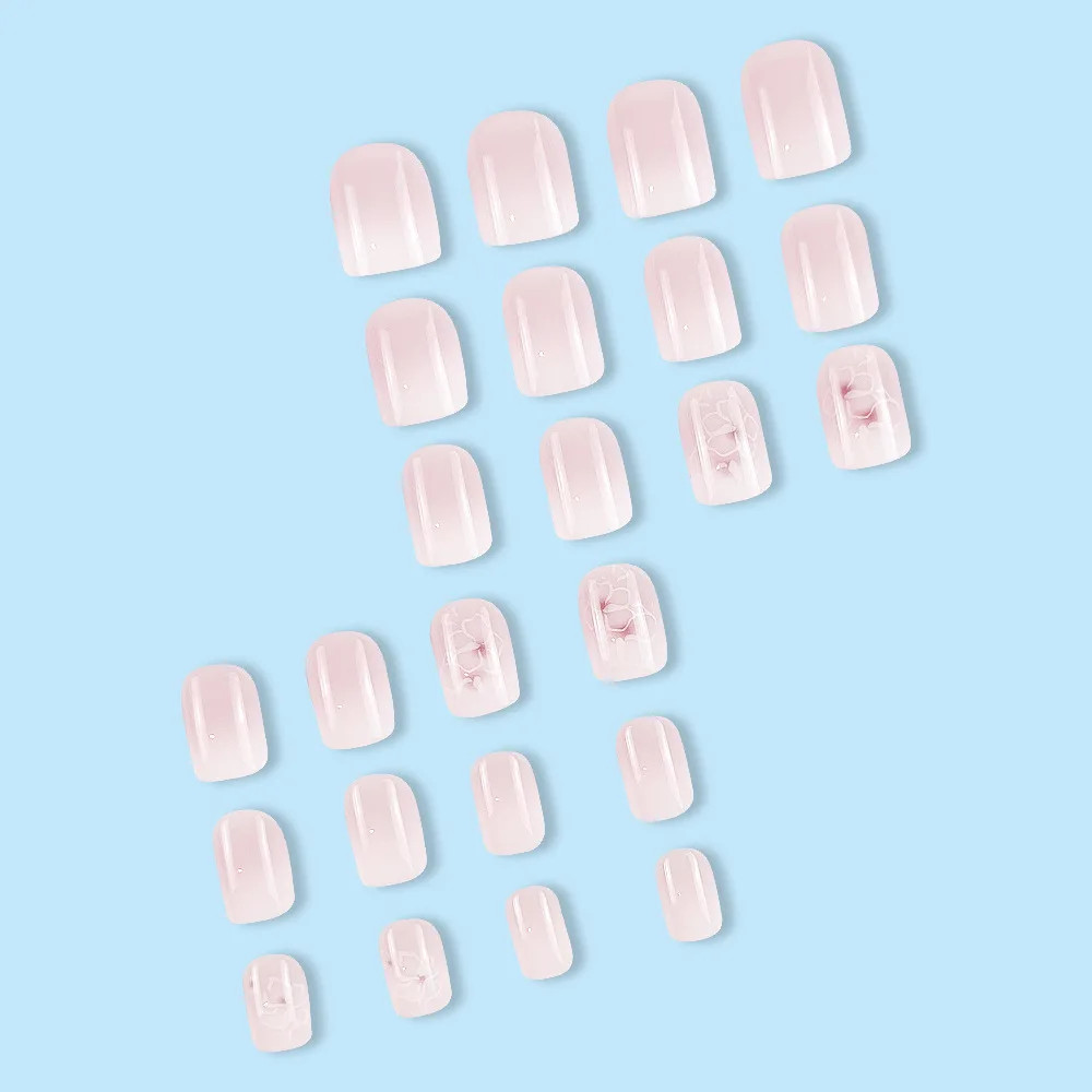 24pcs Set Short Square French Press On Nails Flower Butterfly Design Fake Nails