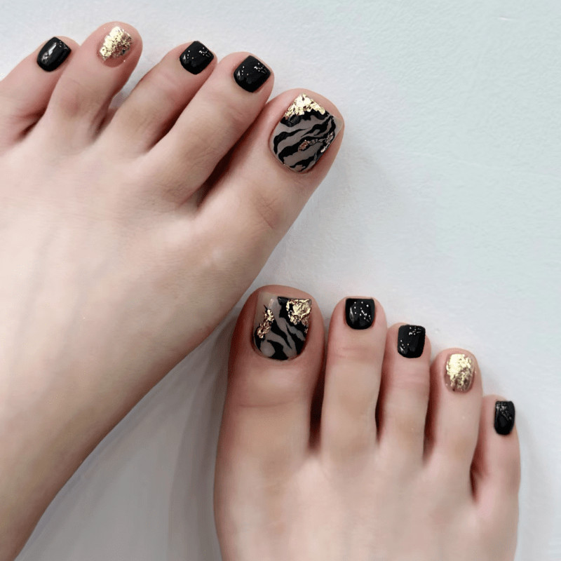 48Pcs Short Square Black Gold Zebra Press on Toe Nails Glitter Party Daily Nails