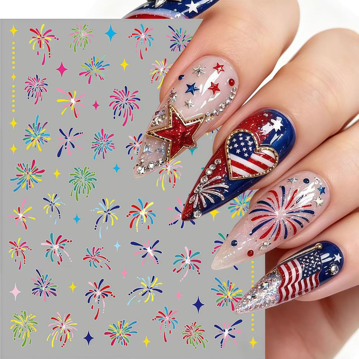 4 Sheets Independence Day Fireworks Nail Art Stickers 4Th of July Nail Decals