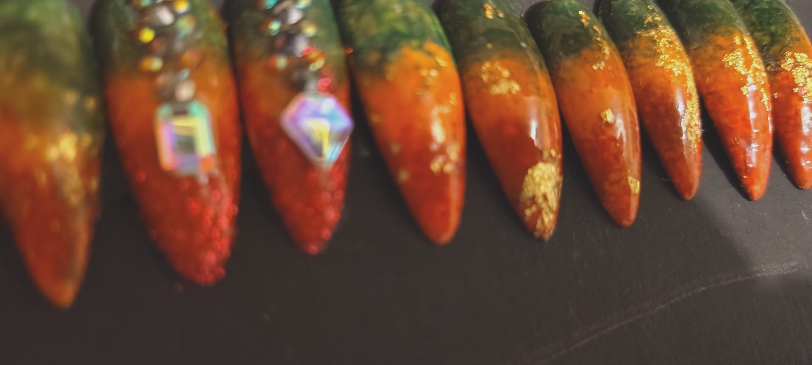 KFN ​Press On Nails| Rasta Ombre Almond Gel Glass Finish Gold Swarovski Design