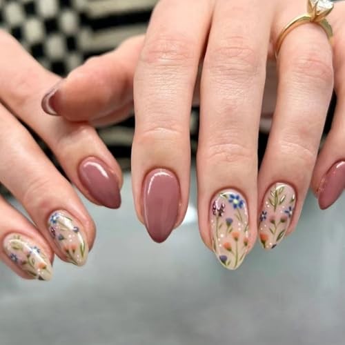 CTTHNBD SHOP Almond, Flower & Leaf Press On Nails – Short, Medium Sizes – 6