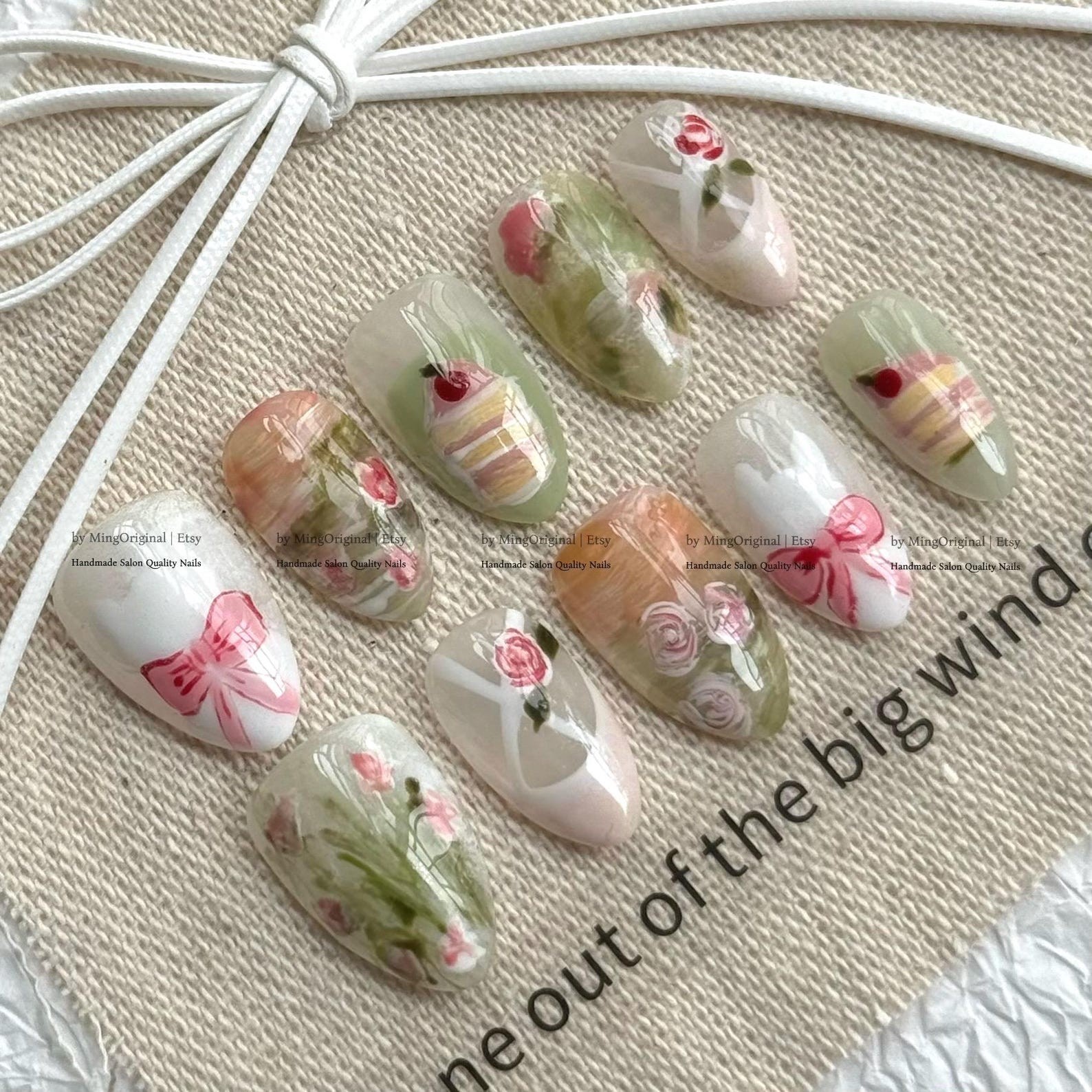 Handmade Vintage Watercolor Rose Cake Pink Bow Medium Almond Press on Nails