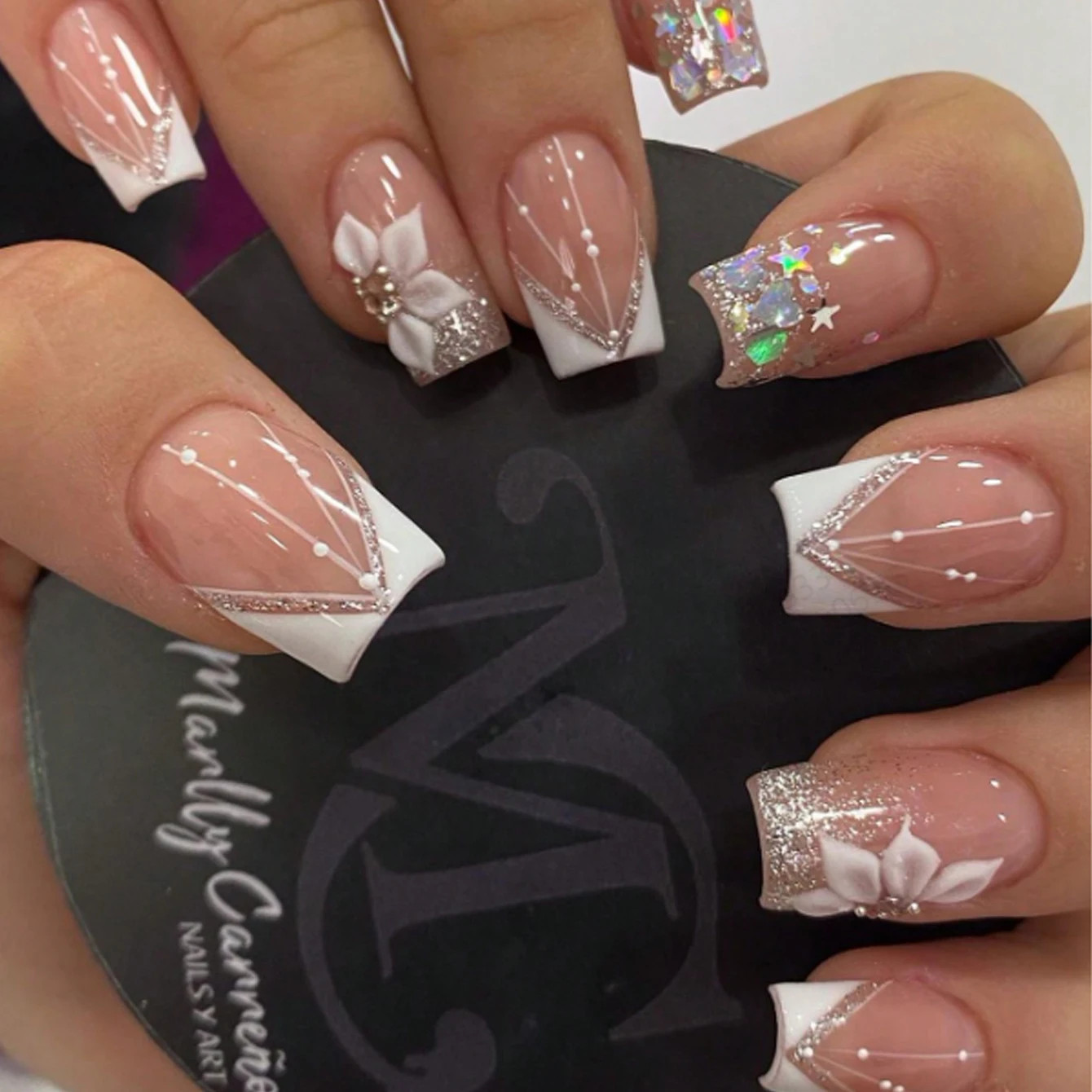 24PCS Square Press On Nails White French Pointed Fake Nails Flash Design Full