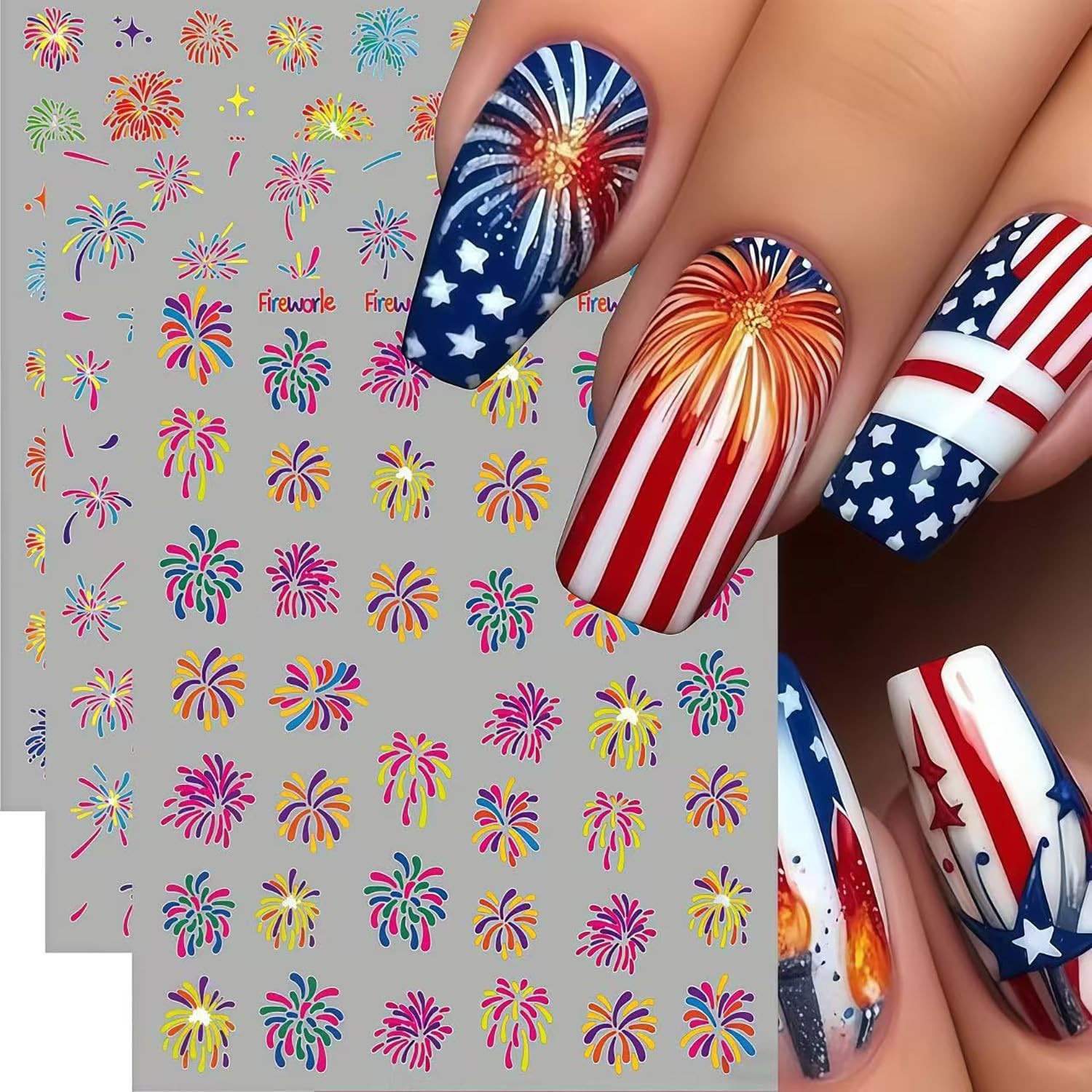 4 Sheets Independence Day Fireworks Nail Art Stickers 4Th of July Nail Decals