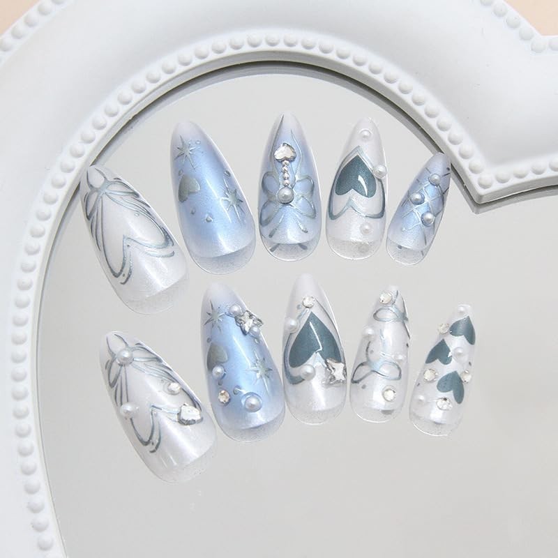 24Pcs Blue Ombre Press on Nails Medium Almond Fake Nails with 3D Butterfly 3D-6