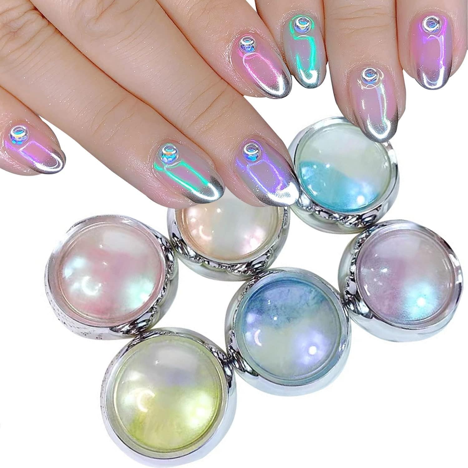 6 Jars Mermaid Chrome Nail Powder Aurora Blue, Pink, Yellow, Purple, White